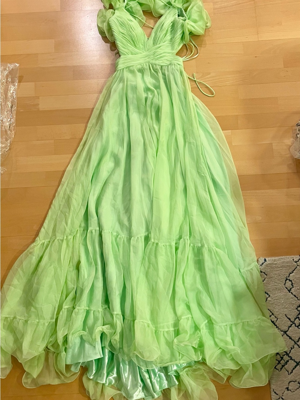 Mac Duggal Pastel Green Ruffle Sleeve Cutout Maxi Gown - Picture 7 of 8